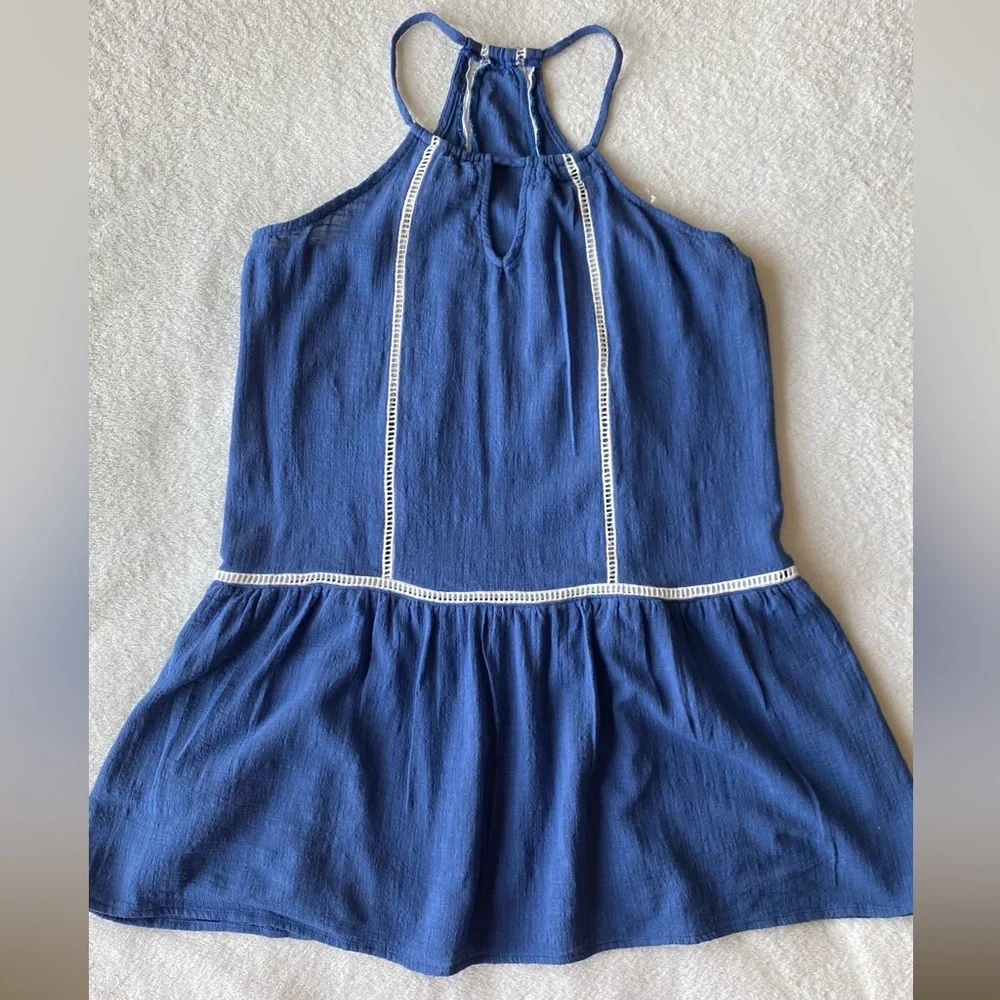 SAGE the Label Blue Halter Mini Dress White Ric Rac Trim Keyhole Neck Small - Picture 5 of 12